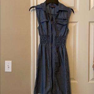 blue and white dress.